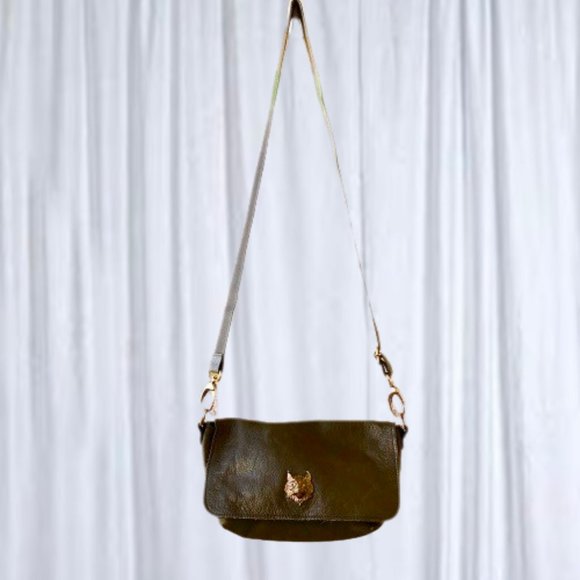 Sous les Pavés Paris SLP Green Lambskin Handbag Crossbody Web Strap Bronze Cat - Picture 5 of 15